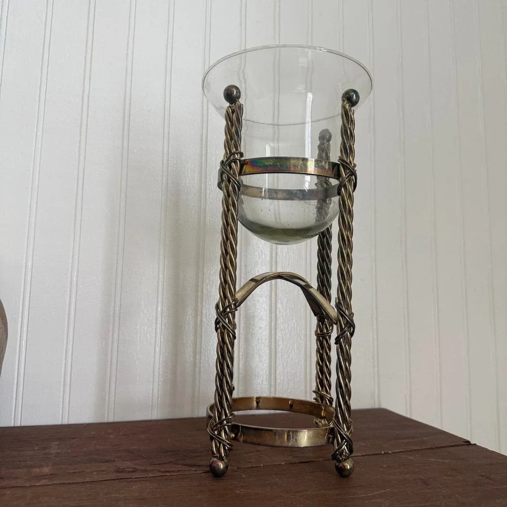 Vintage Metal and Glass Pillar Candle Holder